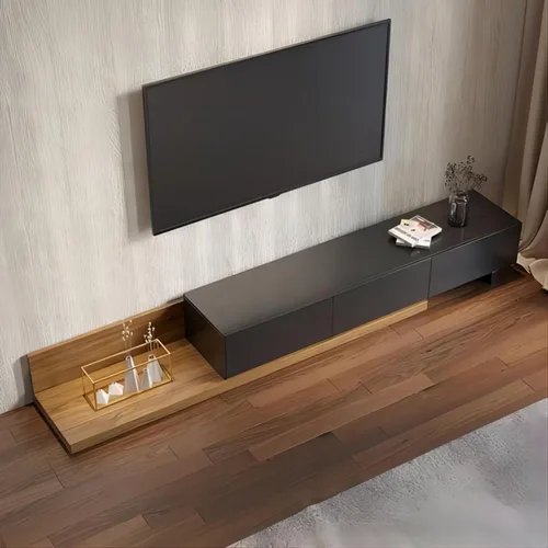 Miniatura 2 de homary Soporte extensible de madera para TV, centro de entretenimiento rectangular, consola multimedia con 3 cajones (negro y nogal)
