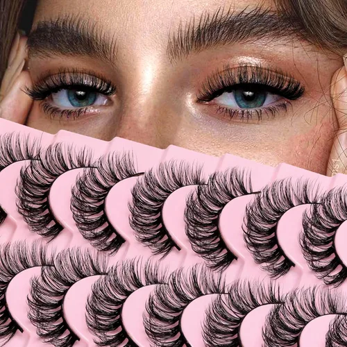 Miniatura 10 de Ahrikiss - Pestañas rusas postizas con banda, rizadas y esponjosas de visón sintético que parecen extensiones, 10 pares de pestañas postizas