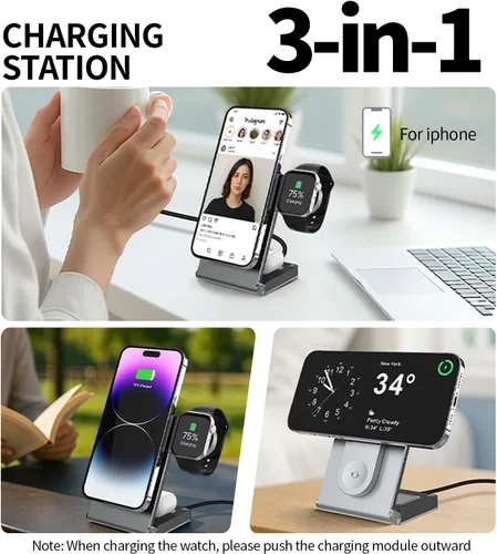 Miniatura 2 de Estación de carga inalámbrica 3 en 1 para iPhone 17 16e 16 15 14 13 12 11 Pro Max, Apple Watch 10 9 8 7 6 5 4 3 2 SE Ultra, AirPods 4 3 Pro, soporte