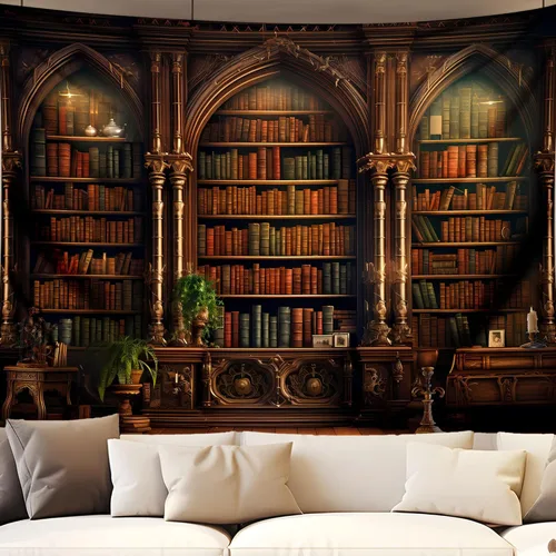 Miniatura 27 de QGHOT Tapiz medieval para estantería, vintage, fondo de biblioteca, libros antiguos, academia oscura, tapices grandes para colgar en la pared