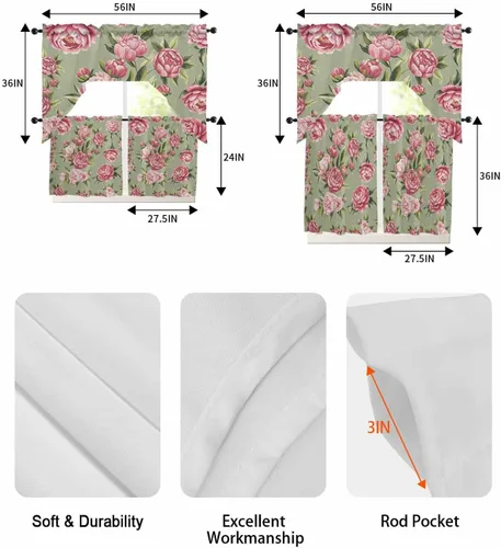 Miniatura 6 de Juego de cortinas de cocina con festón floral verde salvia, cenefa y nivel, 24 pulgadas de largo, diseño retro de flores rosa pastel, cortinas