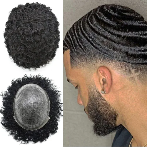 Miniatura 8 de Afro Toupee para hombres negros, piel de polietileno completa, onda de inyección de poliuretano, sistema de repuesto de cabello humano afroamericano
