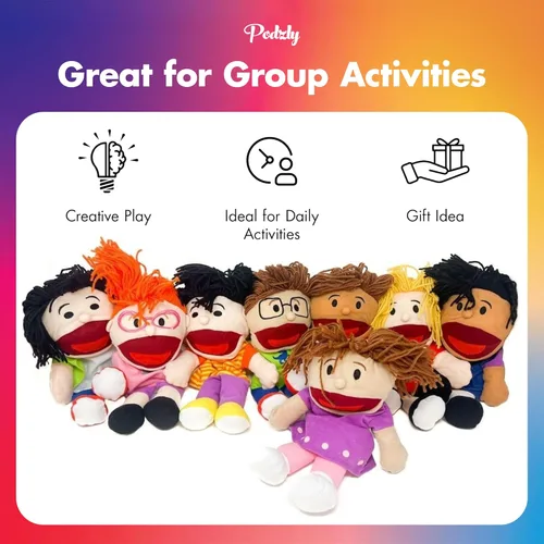Miniatura 7 de Podzly Marionetas de mano para niños, paquete de 8 marionetas multiculturales de felpa con boca móvil, juego de marionetas divertidas y coloridas