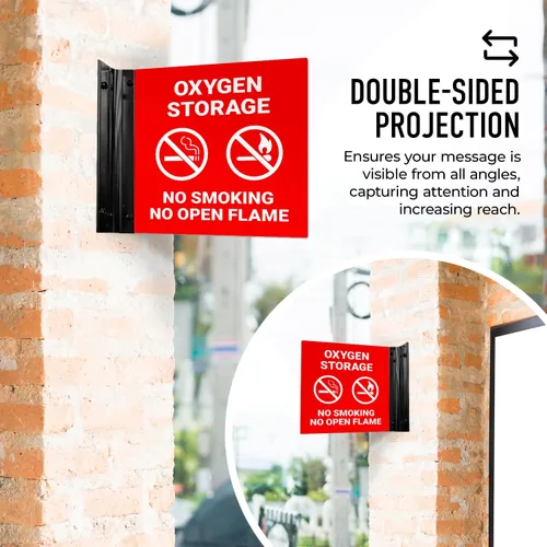 Miniatura 3 de Letrero de almacenamiento de oxígeno con texto en inglés "No Smoking No Open Flame Projecting", doble cara, 6x6 pulgadas, ACM, con accesorio negro