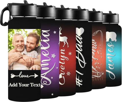 Miniatura 7 de Botellas de agua personalizadas para niñas, de acero inoxidable con aislamiento de doble pared con pajita, botella de agua de color degradado