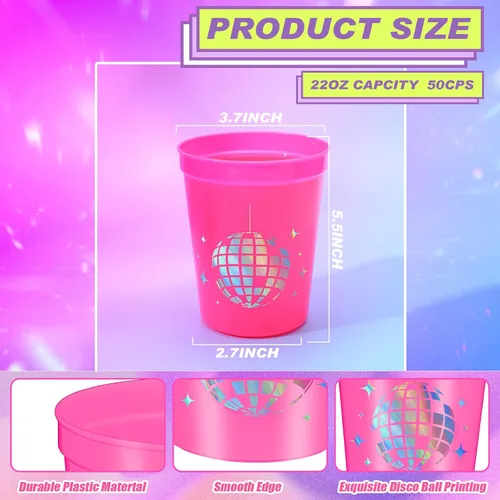 Miniatura 3 de Tioncy 50 vasos de plástico de 16 onzas para fiesta de discoteca para despedida de soltera, vasos reutilizables a granel de los años 70, 80, 90