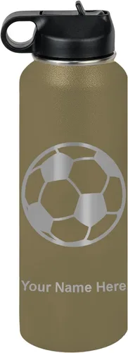 Miniatura 71 de LaserGram Botella de agua personalizada, pelota de fútbol, acero inoxidable de doble pared aislada al vacío con popote superior, regalo grabado
