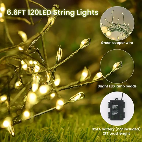 Miniatura 4 de Dailyart - Cadena de luces LED de 6 pies con 120 microestrellas, funciona con pilas, impermeable, alambre de cobre verde oscuro, para guirnalda