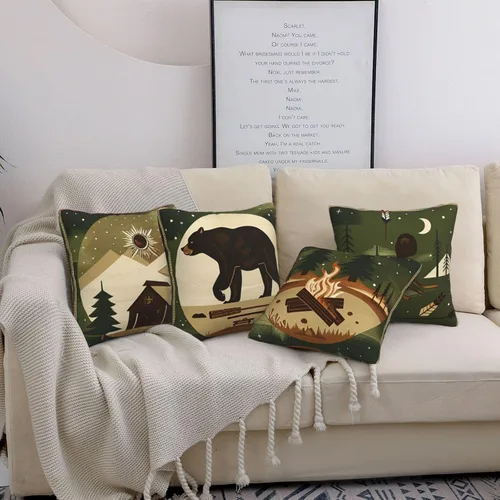 Miniatura 3 de Best Gifts - Juego de 4 fundas de almohada con diseño de oso aventuras, montañas, flechas, fogatas, árboles, bosques, campamentos, viajes, funda