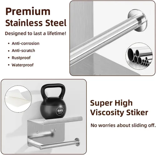 Miniatura 5 de Soporte autoadhesivo para rollo de papel higiénico - Soporte de pared o adhesivo para papel higiénico con estante,Soporte para rollo de papel Plata