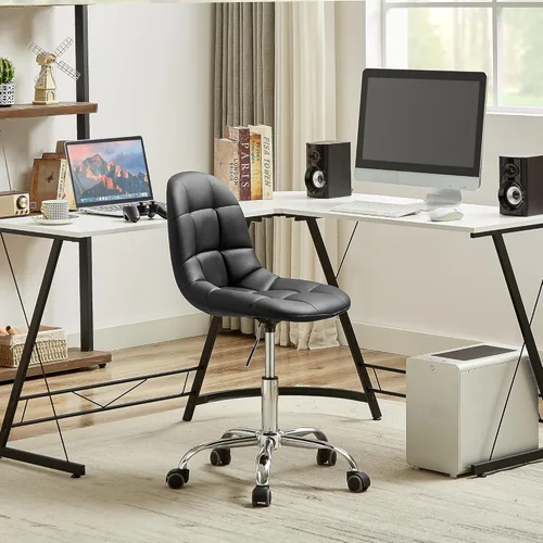 Miniatura 4 de VECELO Silla de escritorio suave, asiento de tocador elegante y casual, sin brazos con cómodo soporte lumbar, cuero PU ajustable en altura, giro