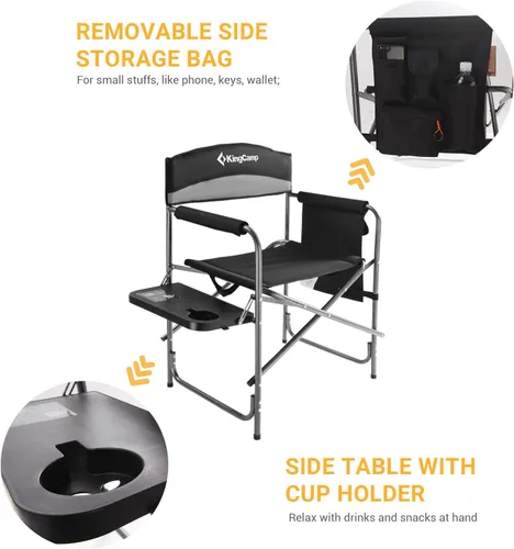 Miniatura 5 de KingCamp Silla de directores de camping con mesa auxiliar, portavasos y bolsillo lateral para adultos, silla plegable resistente, soporta 396 libras