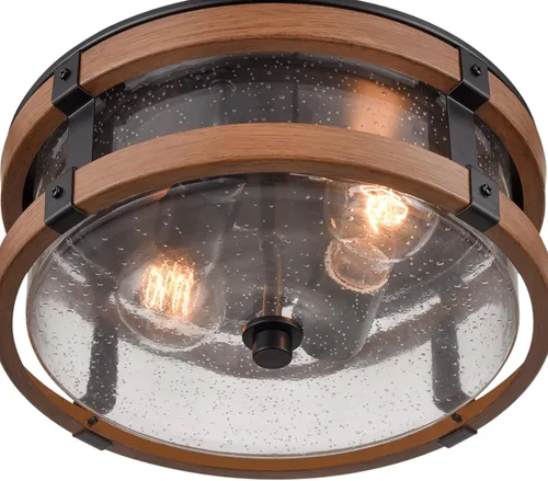 Miniatura 5 de DEYNITE Lámpara de techo de granja con pantalla de vidrio semillado de 2 luces en negro y acabado de grano de madera rústica para pasillo, entrada