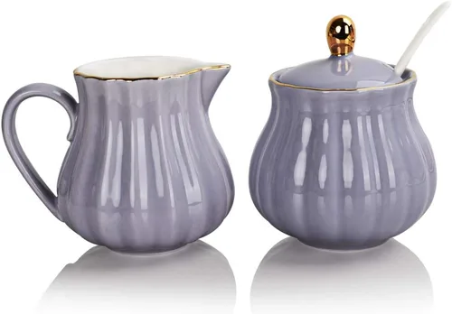 Sweejar Royal - Juego de azúcar y crema de cerámica, juego de 3 piezas con jarra de crema, azucarero, juego de azúcar con tapa y cuchara, juego de