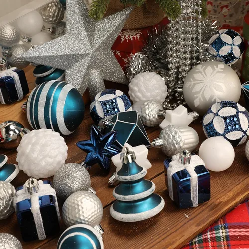 Miniatura 5 de 100 piezas de juego de adornos de Navidad azul y blanco – Kit de bolas de decoración de árbol de Navidad inastillables con estrella de copa