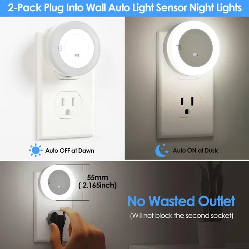 Miniatura 3 de FOLKSMATE - Luz nocturna LED, luz nocturna regulable con sensor de atardecer a amanecer para enchufe, para baño, dormitorio, habitación de adultos