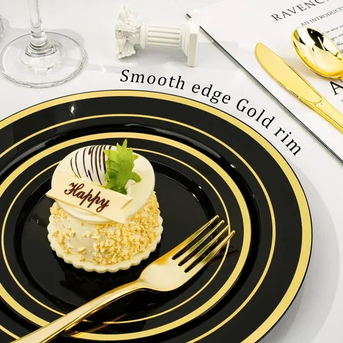 Miniatura 5 de BESTVIP Juego de vajilla de 300 piezas de oro negro para 50 invitados, platos de plástico para fiesta de Halloween y Navidad, 50 platos desechables