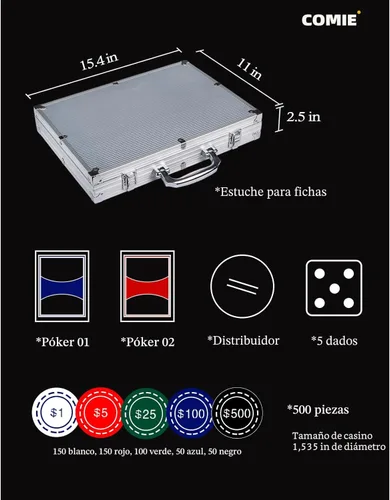 Miniatura 5 de Comie Fichas de Póquer con Números, Juego de 500 Fichas de Póquer con Estuche de Viaje de Aluminio, Juego de Póquer de 11.5 Gramos para Texas Holdem