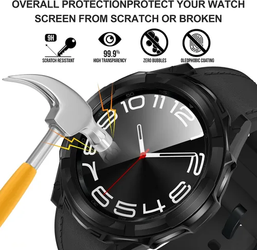 Miniatura 3 de Suoman Funda 3 en 1 para Samsung Galaxy Watch 6 Classic de 1.850 in, protector de pantalla de vidrio templado HD, cubierta protectora completa