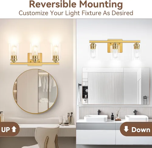 Miniatura 2 de Lámparas de baño de 3 luces, 19 pulgadas, modernas luces de tocador sobre espejo con pantallas de vidrio transparente, accesorio de luz dorada