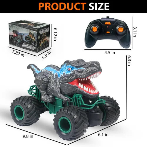 Miniatura 9 de Coche de control remoto de dinosaurio, juguetes de camión monstruo mega RC de 2.4GHz para niños pequeños, juguetes de dinosaurio con luz, sonido