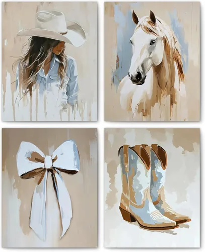FITIE Juego de 4 impresiones artísticas de pared de coqueta de vaquera costera occidental, decoración de habitación de vaquera, botas del oeste,