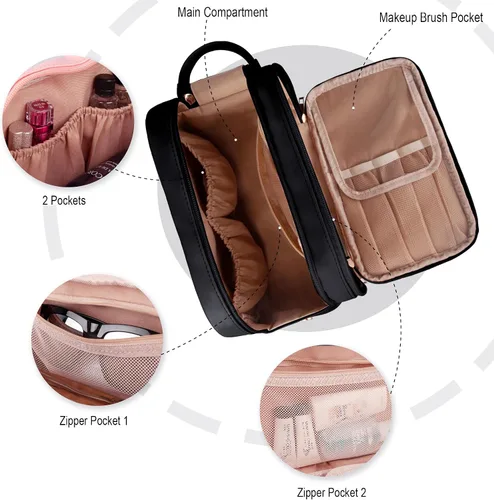 Miniatura 3 de Neceser de aseo personal, organizador de artículos de aseo de viaje de piel sintética, doble cremallera, bolsa de cosméticos de viaje de gran Negro