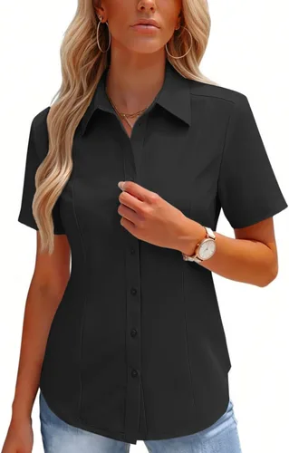 HOTOUCH Camisas con botones para mujer, manga corta, elástica, sin arrugas, blusas formales de trabajo, blusas de verano, tallas S-2XL