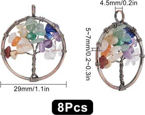 Miniatura 2 de SUNNYCLUE 8 dijes de árbol de la vida, piedras preciosas de cristal de cuarzo, planas, redondas, con agujero para joyería y pulsera, chakras, collar
