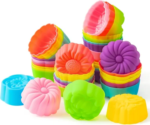 Miniatura 10 de R HORSE Paquete de 42 moldes de silicona para cupcakes con forma de múltiples flores, moldes antiadherentes para hornear muffins, moldes lavables