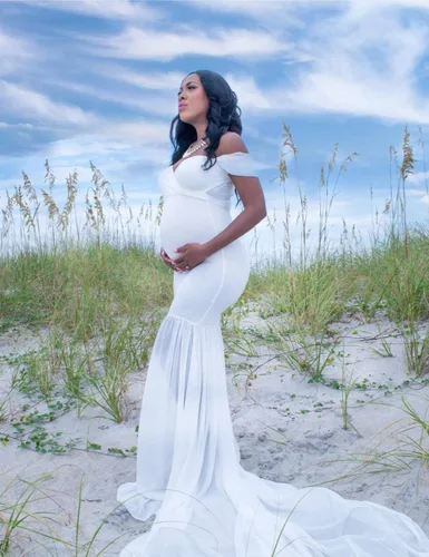 Miniatura 6 de ORQ Vestido de gasa de maternidad con hombros descubiertos para accesorios de fotos, vestido maxi de fotografía para sesión de fotos