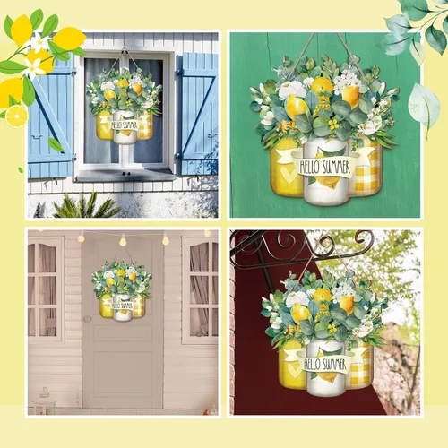 Miniatura 6 de Karenhi Letrero de madera con texto en inglés «Hello Summer» de bienvenida para puerta delantera, colgador de madera, letrero de puerta de verano