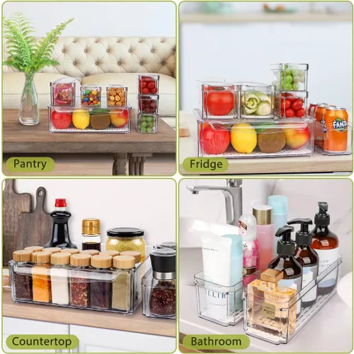 Miniatura 6 de Paquete de 10 cubos organizadores de despensa para refrigerador, cubos organizadores apilables para refrigerador con tapas, contenedores de plástico