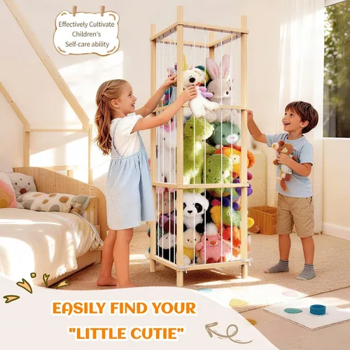 Miniatura 6 de Organizador grande de almacenamiento de animales de peluche y juguetes, 3 capas de 54 pulgadas de madera, lindo soporte de juguetes de zoológico