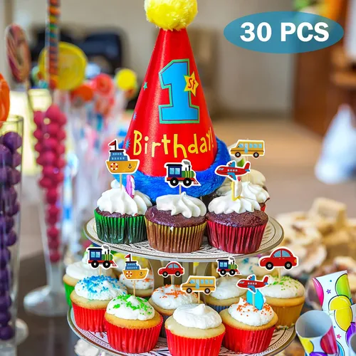 Miniatura 3 de Paquete de 30 adornos para cupcakes de transporte, para automóvil, camión, tren, avión, barco, fiesta, decoración de tartas para niños, cumpleaños
