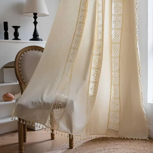 Miniatura 54 de Deeprove Cortinas bohemias para dormitorio, rayas huecas de ganchillo crema y estampado floral, tela de lino de algodón, con borlas beige bohemias