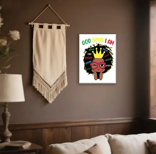 Miniatura 3 de Redland Art Decoración de Pared Motivacional para Niñas Negras en Lienzo Enmarcado Arte Cristiano Inspirador “Dios Dice Que Soy Yo” 29x37 cm