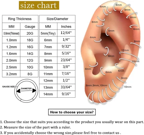 Miniatura 8 de PEAKLINK - Piercing de aro para la nariz de 20 g, 18 g, 16 g, 14 g, 12 g, 10 g, 8 g, de acero inoxidable con bisagras, segmento sin uniones