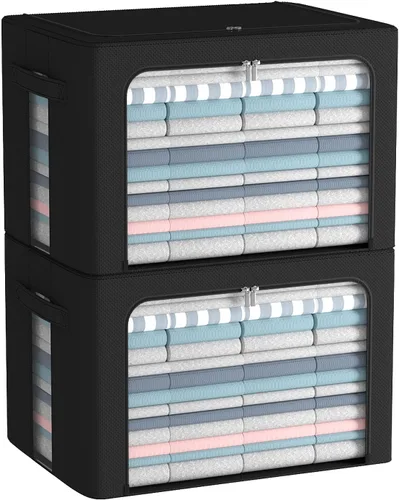 Miniatura 12 de CYhom Caja de almacenamiento de ropa, juego organizador plegable de tela de lino con ventana transparente, asas de transporte y marco de metal, 2