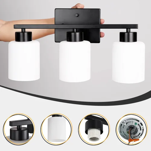 Miniatura 7 de FonmYim Lámpara de baño negra, lámpara de tocador moderna de 3 luces sobre espejo, apliques de pared con pantallas de vidrio esmerilado blanco