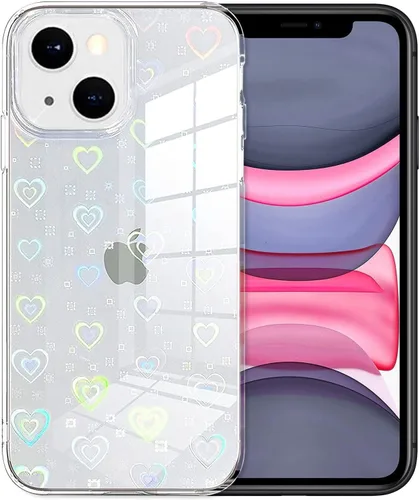Miniatura 5 de Jusy Compatible con iPhone 13 Pro, funda holográfica con diseño de corazón iridiscente y transparente Kawaii para mujer, diseño de arco iris