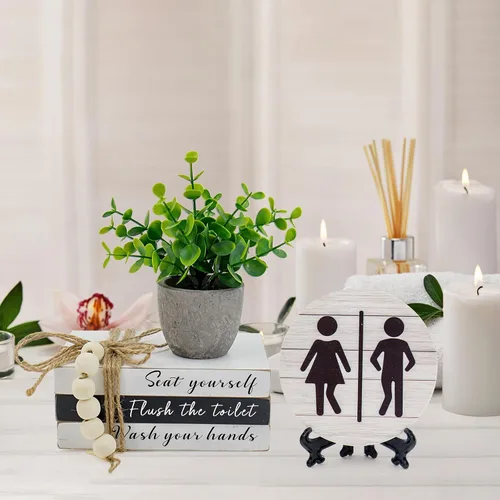 Miniatura 5 de Letreros Decorativos para Estante de Baño, Pila de Libros y Letreros Redondos 3D con Plantas Falsas, Divertida Decoración de Madera para Estante