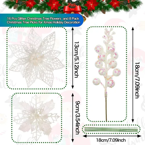 Miniatura 2 de Juego de 22 flores artificiales de flor de pascua navideña y tallos de bayas con purpurina, 16 adornos de flores de árbol de Navidad con purpurina