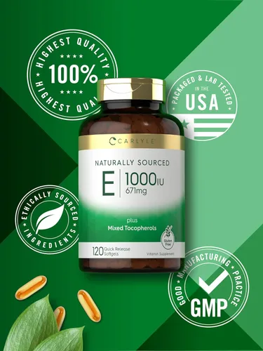 Miniatura 6 de Carlyle Cápsulas blandas de vitamina E de 1000 UI con tocoferoles mixtos 120 píldoras Suplemento de origen natural Fórmula sin OMG y sin