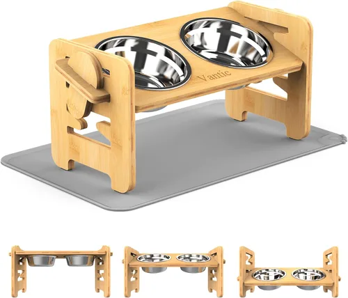Miniatura 8 de Vantic Cuencos elevados para perros, soporte elevado ajustable para cachorros y gatos pequeños, alimentador de alimentos de bambú resistente