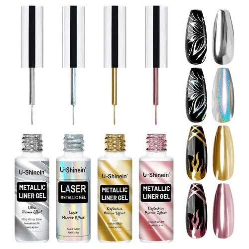 Miniatura 10 de Juego de esmaltes de gel de pintura de espejo metálico de 4 x 0.4 fl oz, esmalte de uñas de gel pintado con efecto cromado espejo, gel de dibujo
