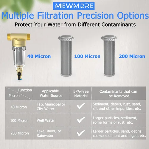 Miniatura 2 de WHC40 Filtro de sedimentos, filtro de agua reutilizable de centrifugado de sedimentos de 40 y 100 y 200 micras, filtro de agua para toda la casa