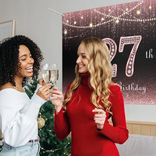 Miniatura 6 de HAMIGAR Fondo de pancarta de feliz cumpleaños 27 de 6 x 4 pies, decoraciones de cumpleaños de 27 años, suministros de fiesta para mujeres, oro rosa