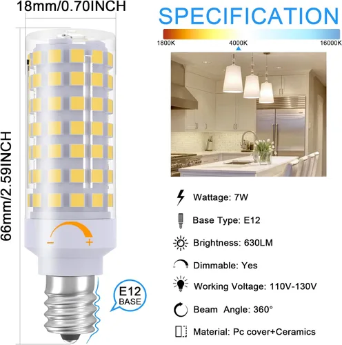 Miniatura 4 de TAIYALOO Bombillas LED E12 Regulables para Candelabros C7, E12 Equivalente a Bombilla Halógena de 60 Vatios, Blanco Natural 4000K, 120V 630LM T6 7W