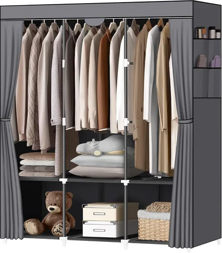 Miniatura 9 de LOKEME Armario portátil, armarios portátiles para colgar ropa con 3 varillas para colgar y 6 estantes de almacenamiento y 4 bolsillos laterales